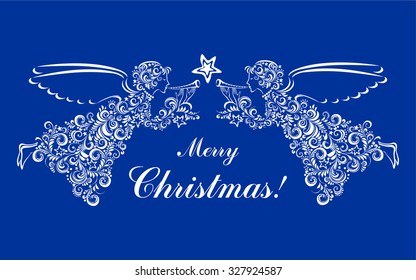 Vintage card with Angels and Christmas star isolated on blue background. Vector illustration