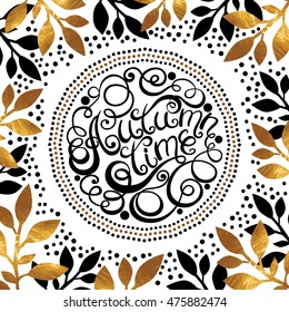 Vintage card with autumn leaves gold texture and lettering "Autumn time". Vector illustration.