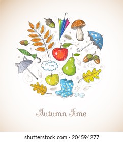 Vintage card with autumn objects and place for your text. Vector illustration.