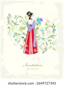 vintage card with back view of graceful lady with flowers against floral pattern