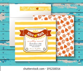 Vintage card for a Beach party or Wedding invitation. Wooden background