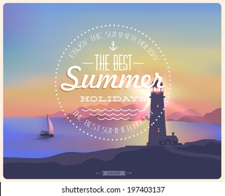 Vintage card with a beautiful sunset, sea, lighthouse, ship, mountains | Retro elements for Summer calligraphic designs | Vintage ornaments | The best summer holidays label | Vector EPS 10