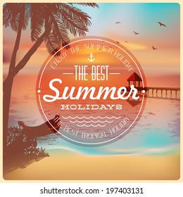 Vintage card with a beautiful sunset tropical beach | Retro elements for Summer calligraphic designs | Vintage ornaments | The best summer holidays label | Vector EPS 10