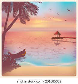 Vintage card with a beautiful sunset tropical beach | Vector EPS 10