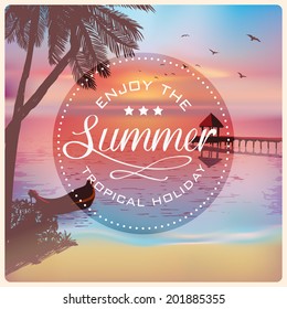 Vintage card with a beautiful sunset tropical beach | Retro elements for Summer calligraphic designs | Vintage ornaments | Enjoy summer holidays labels | Vector EPS 10