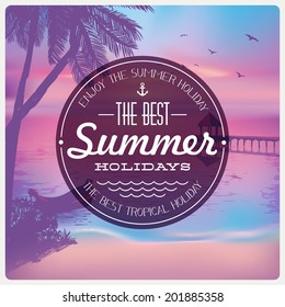 Vintage card with a beautiful sunset tropical beach | Retro elements for Summer calligraphic designs | Vintage ornaments | Best summer holidays labels | Vector EPS 10