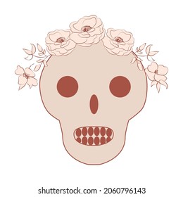Vintage Card with Beige Skull and Flowers. Day of the Death
