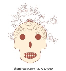 Vintage Card with Beige Skull and Flowers. Day of the Death