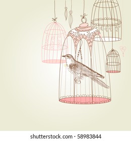 vintage card with a bird in the cage