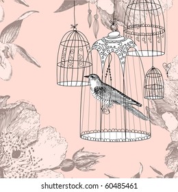 vintage card and bird in the cage