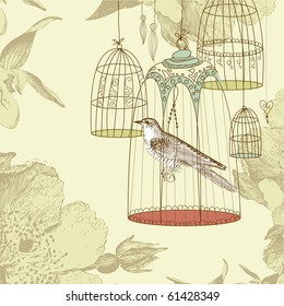 vintage card with a bird in the cage