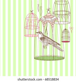 vintage card with a bird in the cage