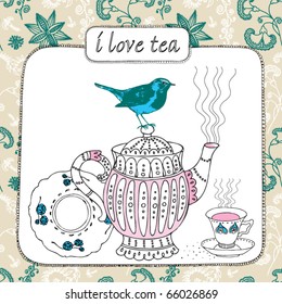 vintage card with bird and teapot