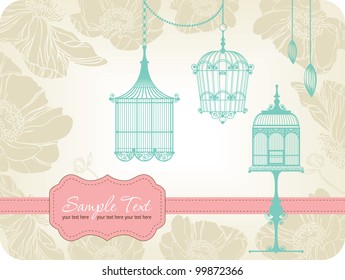 vintage card with birdcages in retro style