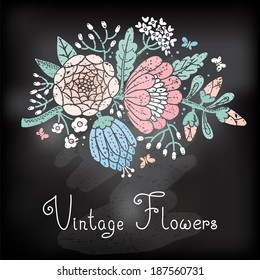 Vintage card with a blossoming branch. Vector illustration.