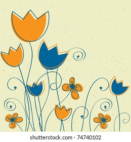 Vintage card with blue and orange tulips