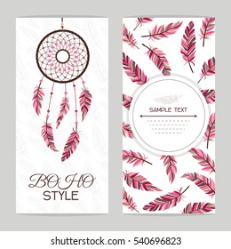 Vintage card. Boho style. Two flyers decorated with feathers and dream catcher with Indian style.