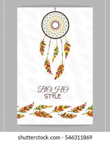 Vintage card. Boho style. Two flyers decorated with feathers and dream catcher with Indian style.