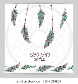 Vintage card. Boho style. Two flyers decorated with feathers and dream catcher with Indian style.
