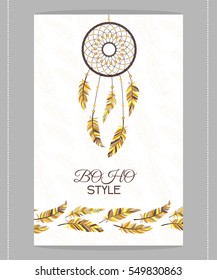 Vintage card. Boho style. Two flyers decorated with feathers and dream catcher with Indian style.