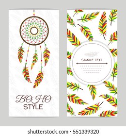 Vintage card. Boho style. Two flyers decorated with feathers and dream catcher with Indian style.