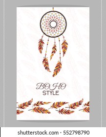 Vintage card. Boho style. Two flyers decorated with feathers and dream catcher with Indian style.