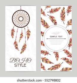 Vintage card. Boho style. Two flyers decorated with feathers and dream catcher with Indian style.