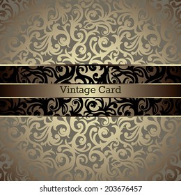 Vintage card with a border on seamless golden abstract floral wallpaper 