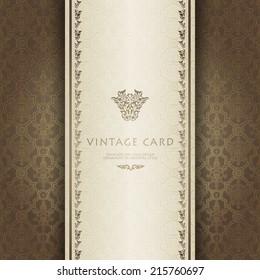 Vintage card with a border on seamless damask wallpaper.Vector illustration