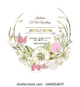 Vintage card with a bouquet of beautiful exotic flowers isolated on a white background.Floral wedding invitation with flower garlands.Vector illustration.