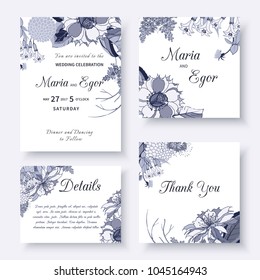 Vintage card with a bouquet of beautiful exotic flowers isolated on a white background.Set of floral wedding invitation with flower garlands.Vector illustration.