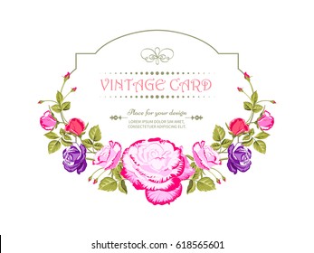 Vintage card with a bouquet of beautiful pink roses isolated on a white background.Spring flower garlands.Label with pink flowers.Vector illustration.