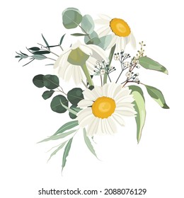 Vintage card with a bouquet of daisy camomile flowers, herbs, eucalyptus on a white background.  Isolated illustration.