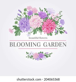 Vintage card with a bouquet of flowers. Garden asters, chrysanthemums, daisies. Vector illustration.