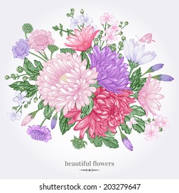 Vintage card with a bouquet of flowers on a white background. Garden asters, chrysanthemums, daisies. Isolated. Vector illustration.