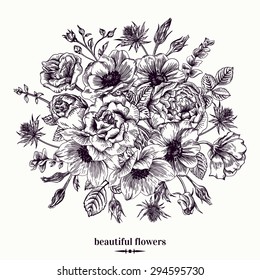Vintage card with a bouquet of flowers on a white background.  Anemone, rose, eustoma, eryngium. Vector illustration.