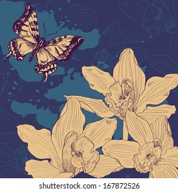 Vintage card with butterfliy and orchids, vector illustration