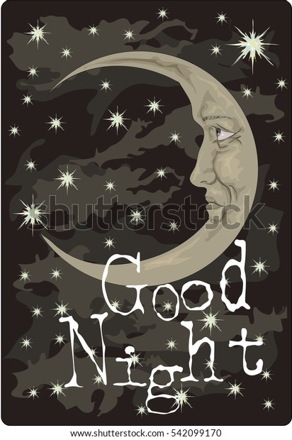 Vintage Card Cartoon Crescent Moon Face Stock Vector