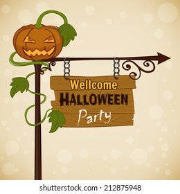 Vintage card with cartoon pumpkin pointer and wooden sign.  Welcome Halloween party. Vector
