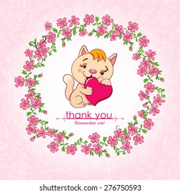 Vintage card with cat, floral circle and text "Thank you. Remember me".