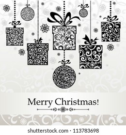 Vintage card. Celebration  background with Christmas balls, gift box and place for your text. vector illustration