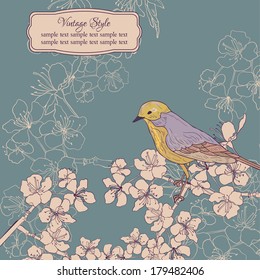 vintage card with cherry blossoms and bird, vector illustration