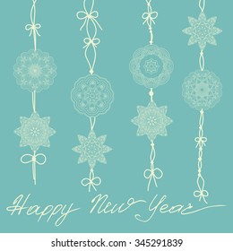 Vintage card with Christmas balls, bows and snowflakes. Can be used for card, envelope, packaging,invitations, scrapbooking.