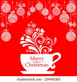 Vintage card with Christmas balls and Christmas cup. Menu for restaurant, cafe, bar, tea-house. Vector Illustration 