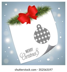 Vintage card with Christmas balls. Page curl with tree fir and red ribbon banner on Blue glowing background Background