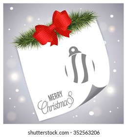 Vintage card with Christmas balls. Page curl with tree fir and red ribbon banner on Gray glowing background Background