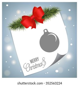 Vintage card with Christmas balls. Page curl with tree fir and red ribbon banner on Blue glowing background Background