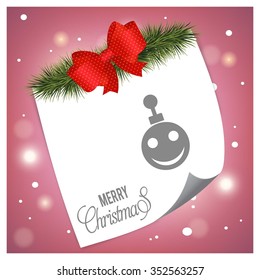 Vintage card with Christmas balls. Page curl with tree fir and red ribbon banner on Pink glowing background Background