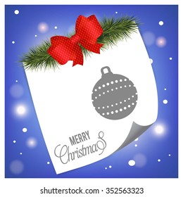 Vintage card with Christmas balls. Page curl with tree fir and red ribbon banner on Blue glowing background Background