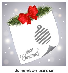 Vintage card with Christmas balls. Page curl with tree fir and red ribbon banner on Gray glowing background Background